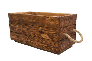 old wooden crate, rope handles. isolated on white background.