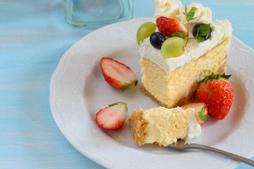 Cheesecake is a sweet pie dessert consisting of one or more layers. The main, and thickest layer, consists of a mixture of soft, fresh cheese (typically cream cheese or ricotta), eggs, and sugar.
