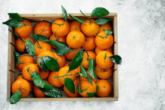 Tangerines oranges, clementines, citrus fruits with green leaves in a wooden box over light background with copy space