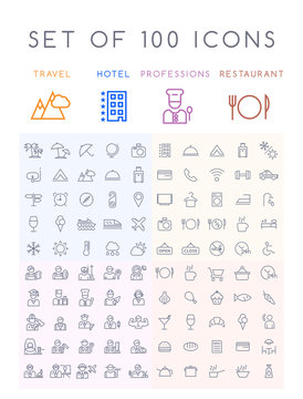 Set of 100 Minimal Universal Modern Elegant Black Stroke Icons ( Travel Hotel Professions and Restaurant ) on White Background