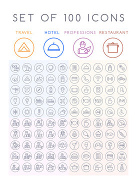 Set of 100 Universal Minimal Black Thin Line Icons on Circular Buttons on White Background ( Travel Hotel Professions and Restaurant )