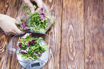 Fresh green and red leaf lettuce on an old vintage scale on rustic background.