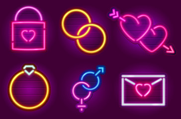 Set of wedding neon symbols on a signboards. Happy valentine's day signs. Logos with glowing effect. Eps10 vector