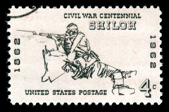 Vintage 1961 United States of America cancelled postage stamp  showing a rifleman at the Battle of Shiloh during the American Civil War