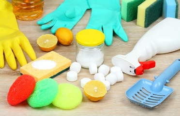 House cleaning products, salt pelets, baking soda, detergent