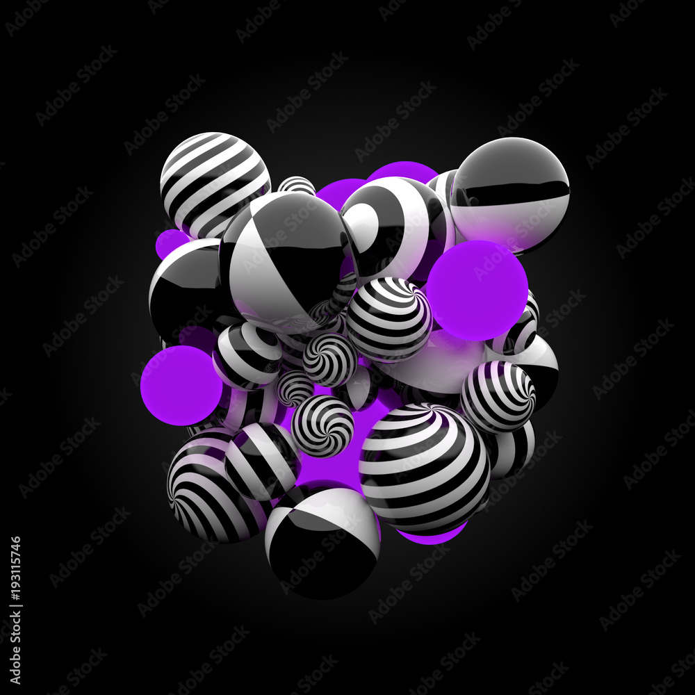 Poster 3d render background. reflective materials. stripe patterns and glow spheres form abstract massive f