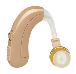 Hearing aid behind the ear. Sound amplifier for patients with hearing loss. Treatment and prosthetics in otolaryngology. Medicine and health. Realistic object on  white background. Vector 