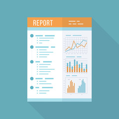 Business report, paper document.  Isolated icon with long shadow. Charts graphs on a paper. Accounting, analysis, research, planning, audit, report, management. Vector