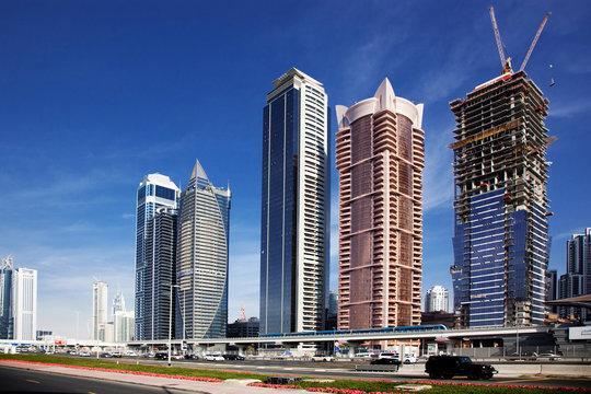 DUBAI,UNITED ARAB EMIRATES-FEBRUARY, 2018:View on modern skyscrapers in Dubai, the fastest growing city in the world.