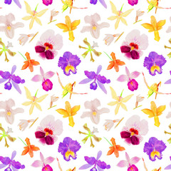 Orchid watercolor illustration, Seamless pattern