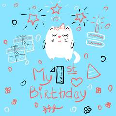 Birthday background with cat. Vector illustration.