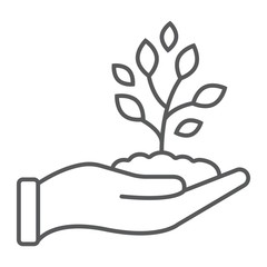 Sprout in hand thin line icon, farming and agriculture, plant care sign vector graphics, a linear pattern on a white background, eps 10.