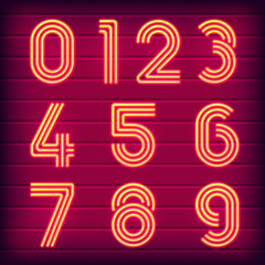 Set of retro neon numbers. Glowing symbols on a dark background. Triple neon tubes. Eps10 vector