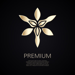 Golden flower shape. Gradient premium logotype. Isolated floral trefoil logo. Business identity concept for bio, eco company, yoga or spa salon.