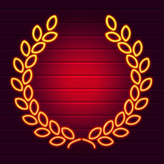 Neon laurel wreath. Vintage design element. Banner on a dark background illuminated in center. Eps10 vector