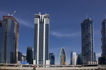 DUBAI,UNITED ARAB EMIRATES-FEBRUARY, 2018:View on modern skyscrapers in Dubai, the fastest growing city in the world.