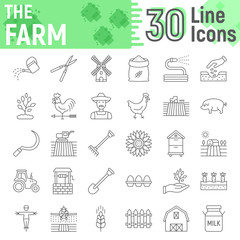 Farm thin line icon set, farming symbols collection, vector sketches, logo illustrations, agriculture signs linear pictograms package isolated on white background, eps 10.
