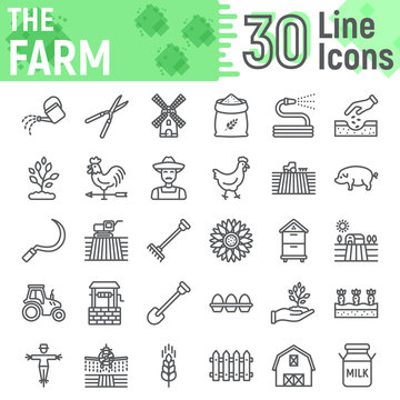 Farm line icon set, farming symbols collection, vector sketches, logo illustrations, agriculture signs linear pictograms package isolated on white background, eps 10.