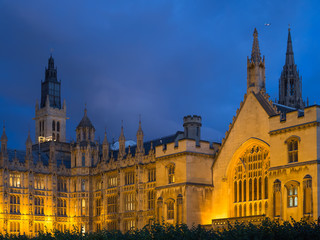 Fototapeta premium View of the Palace of Westminster building, home to the Houses of Parliament in London illuminated at dusk.