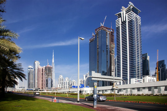 DUBAI,UNITED ARAB EMIRATES-FEBRUARY, 2018:View on modern skyscrapers in Dubai, the fastest growing city in the world.