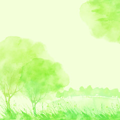 Watercolor postcard, picture with a picture of a tree, grass, wild plant.  Abstract splash of paint. A green tree landscape on a light green background.