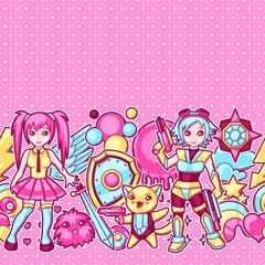 Japanese anime cosplay seamless pattern. Cute kawaii characters and items