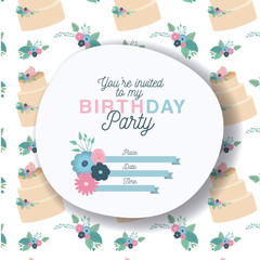 happy birthday party invitation with floral decoration and cake vector illustration design