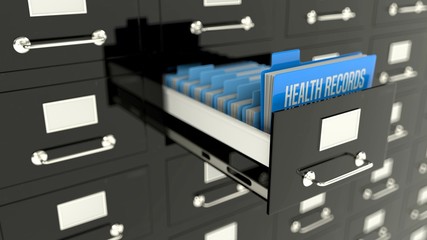 Health records folder with patients files, medical treatment history, archives
