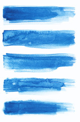 Watercolor. Blue abstract painted ink strokes set on watercolor paper. Ink strokes. Flat kind brush stroke.