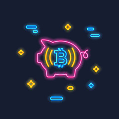 Neon Bitcoin and Piggy logo. Crypto currency glowing icon sign