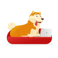 Funny dog with laptop rounds its tail up vector flat illustration. Dog cartoon character isolated on white background.
