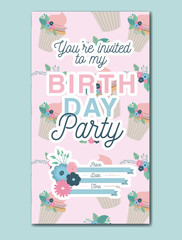 happy birthday party invitation with floral decoration and cupcake vector illustration