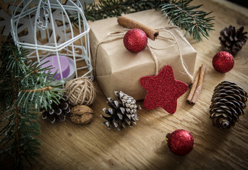 .box with gift on Christmas background . retro style