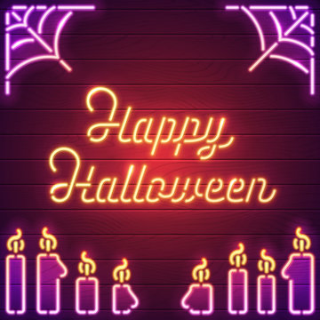 Happy Halloween neon illustration. Glowing halloween text background. Neon lettering with cobweb and candles. Eps10 vector