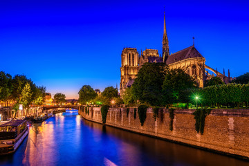 Fototapeta na wymiar Night view of Cathedral Notre Dame de Paris and river Seine in Paris, France