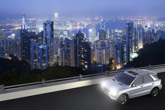 3D rendering of a SUV on motion with Hong kong skyline on the back