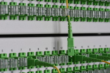 Panel with optical cables is in the server room