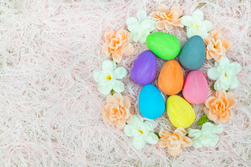 Flat lay of Easter eggs, view from above with copy space for text. concept of stylish