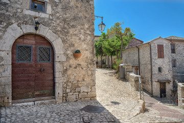 Fototapeta na wymiar View of the Medieval Town of Fumone, narrow streets and medieval buidings 
