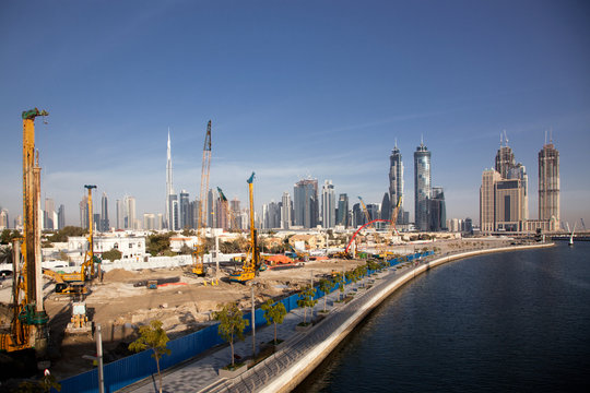 DUBAI, UAE - FEBRUARY, 2018: Construction activity in Dubai along the water canal.