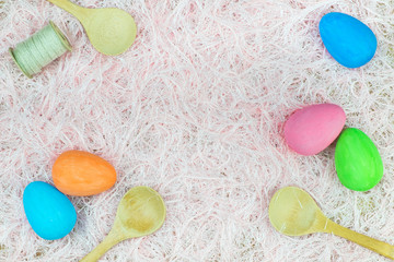 Flat lay of Easter eggs, view from above with copy space for text. concept of stylish