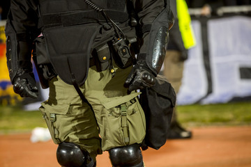 Special police unit at the stadium event secure a safe match against the hooligans - obrazy, fototapety, plakaty