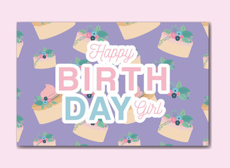 happy birthday card with floral and cake vector illustration design