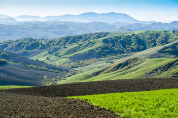 Colline verdi con montagne all'orizzonte