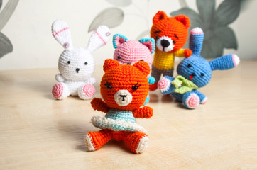 knitted toy cat, bear, rabbit, hare, handmade