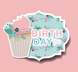 happy birthday card with floral decoration and cupcake vector illustration design