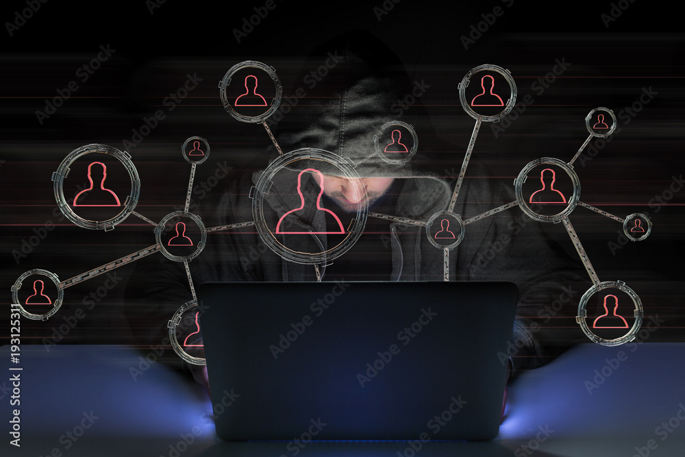 Poster hacker man in the dark using computer to hack data and information system