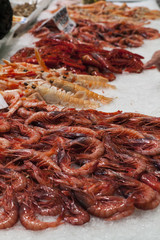 gamberi e crostacei freschi al mercato del pesce