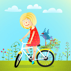 Happiness together with friend and bicycle. Vector cartoon.