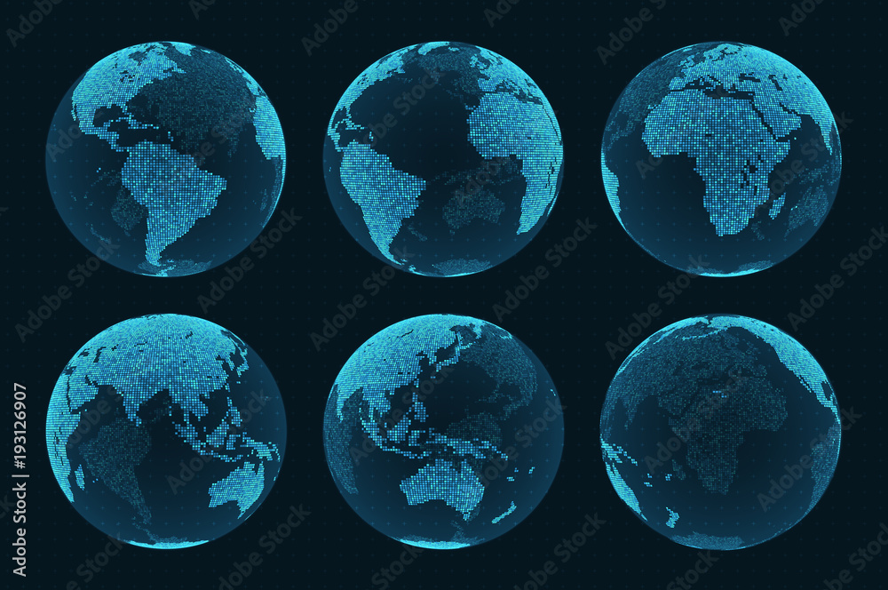 Wall mural earth hologram from different angles. set of hud elements. blue world map on a dark background with 